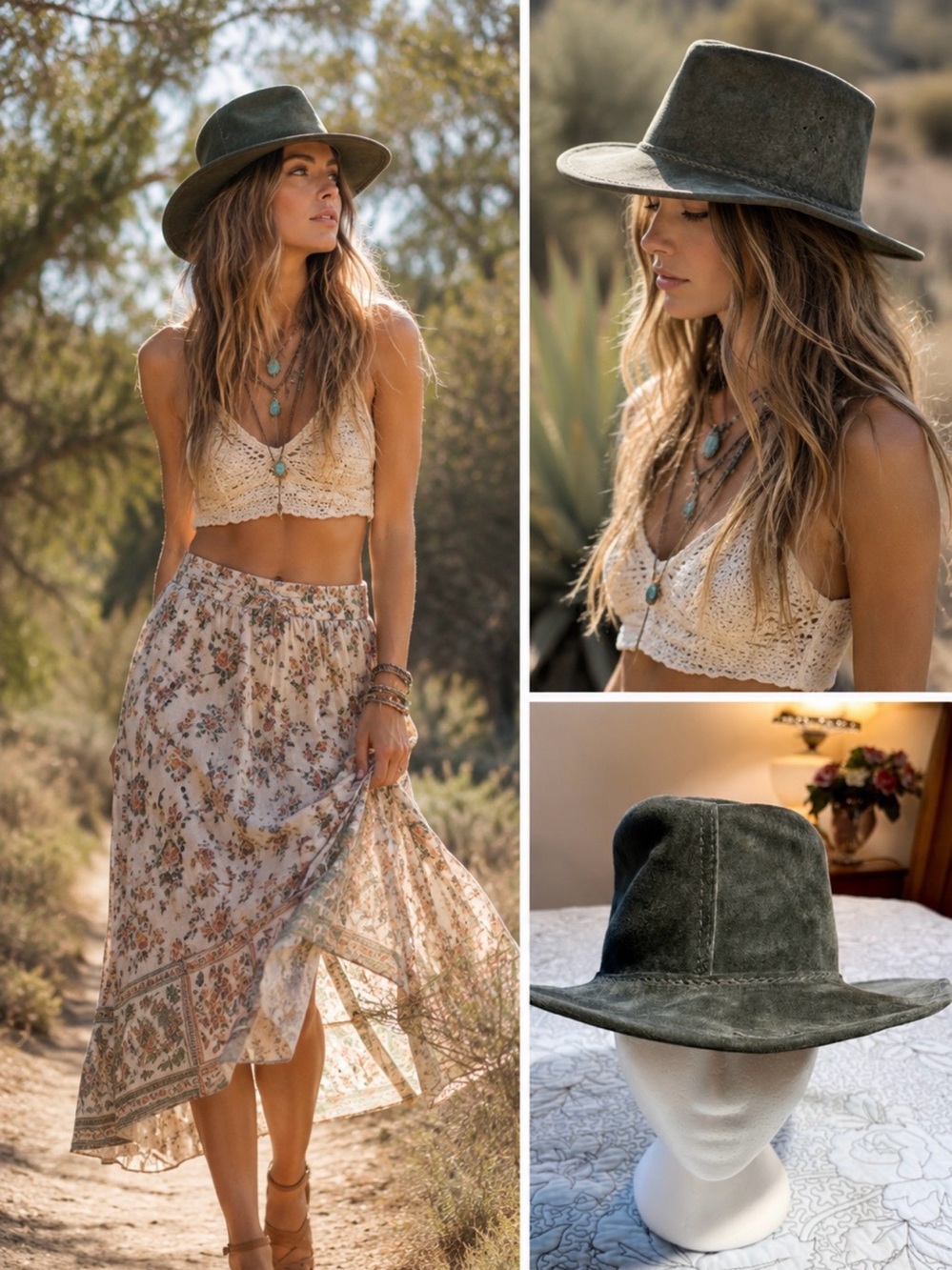 Walkabout Overlander Aussie Suede Leather Outback Hat Olive Green Size Small💛